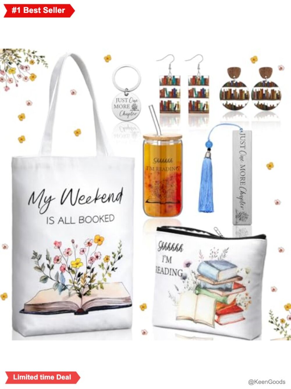 Book Lovers Gift Set Canvas Tote Bag Glass Cup Bookmarks Keychain